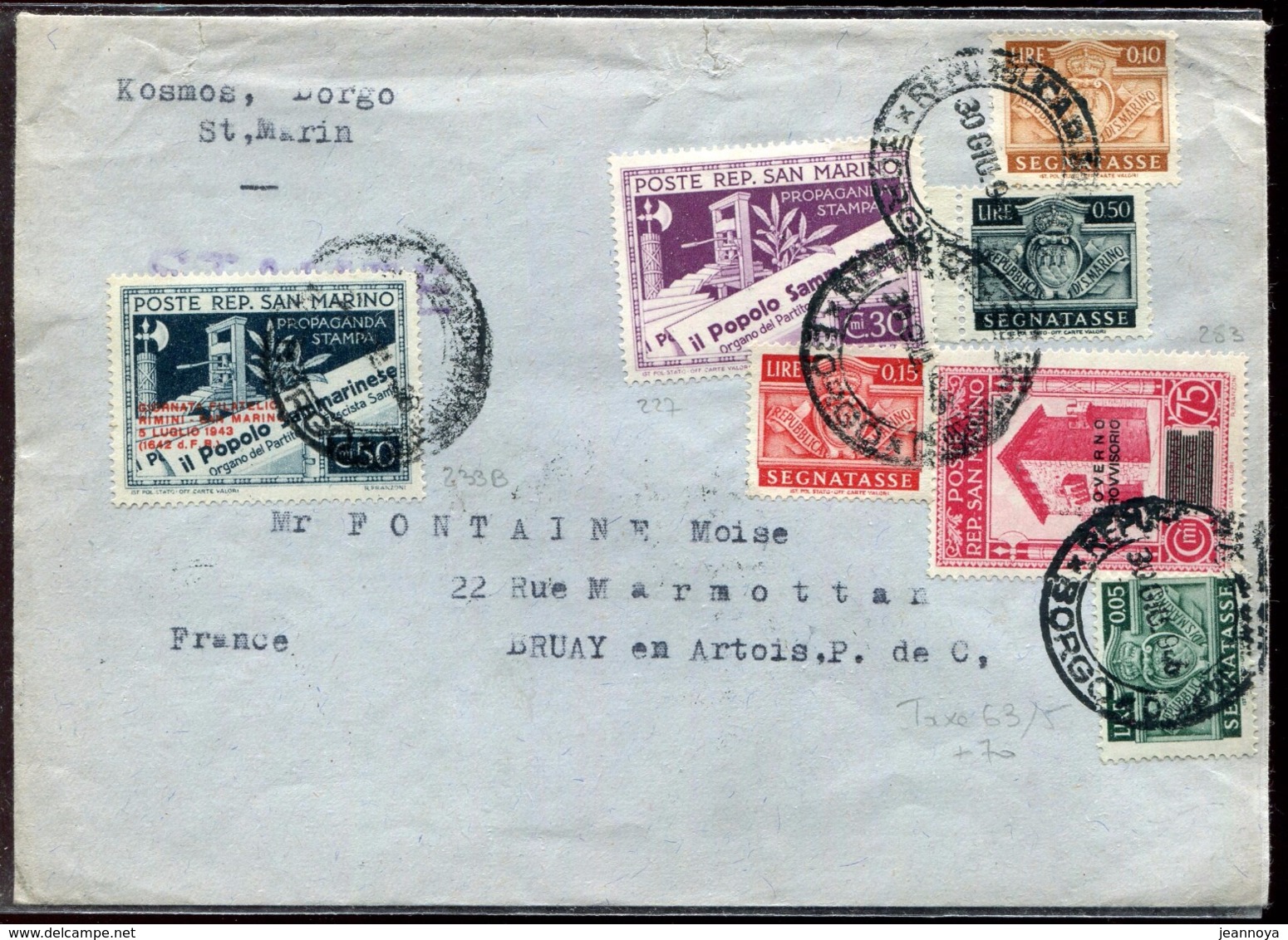 SAINT MARIN - N° 227 + 233A + 233B (2) + 253 + TAXE N° 63 A 65 + 70 / LETTRE DE BORGO LE 30/6/1946 POUR LA FRANCE - TB - Lettres & Documents