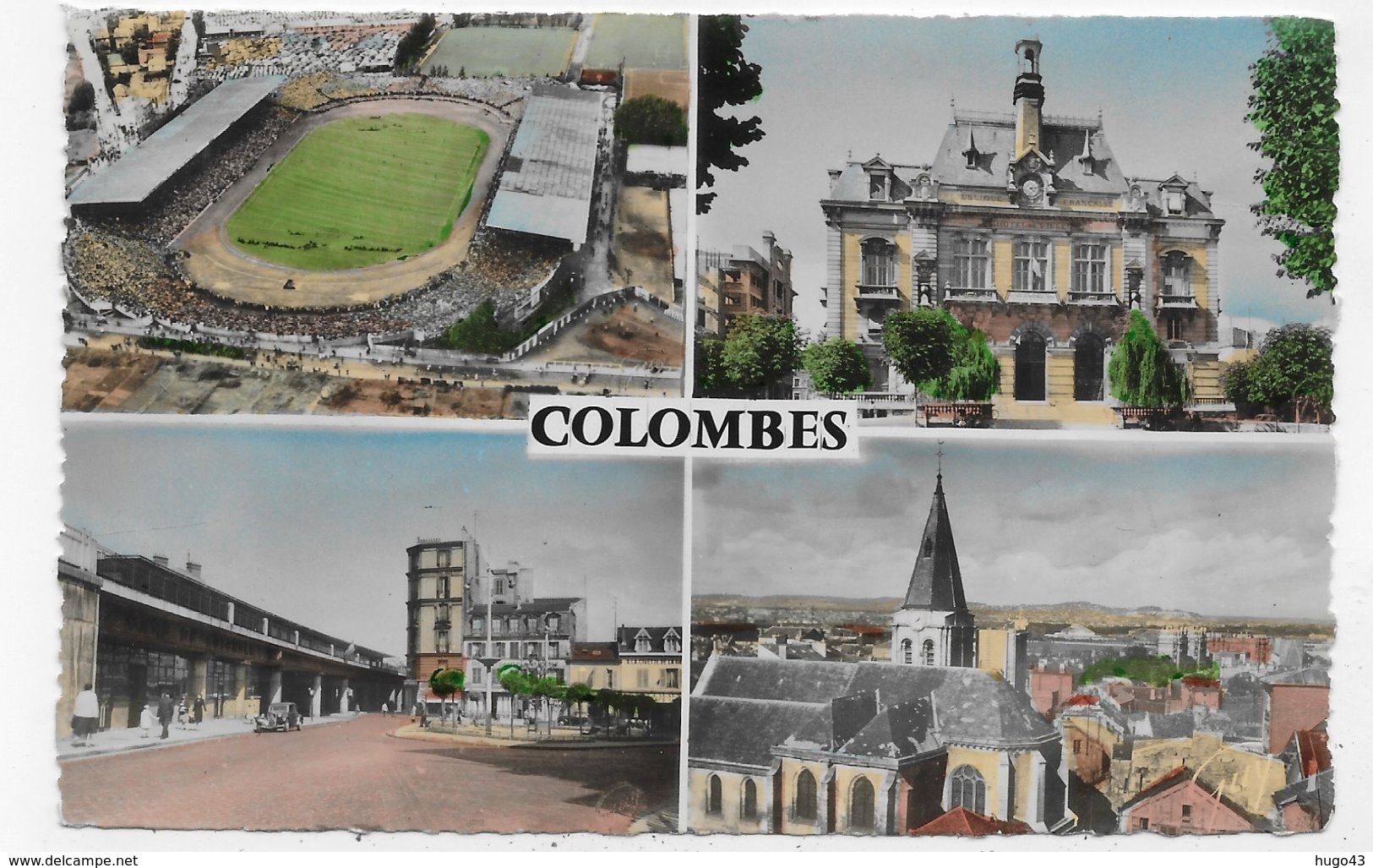 COLOMBES EN 1957 - N° 868 - MULTIVUES AVEC LE STADE CLICHE AERIEN R. HENRARD - LEGERS PLIS A DROITE - FORMAT CPA VOYAGEE - Colombes