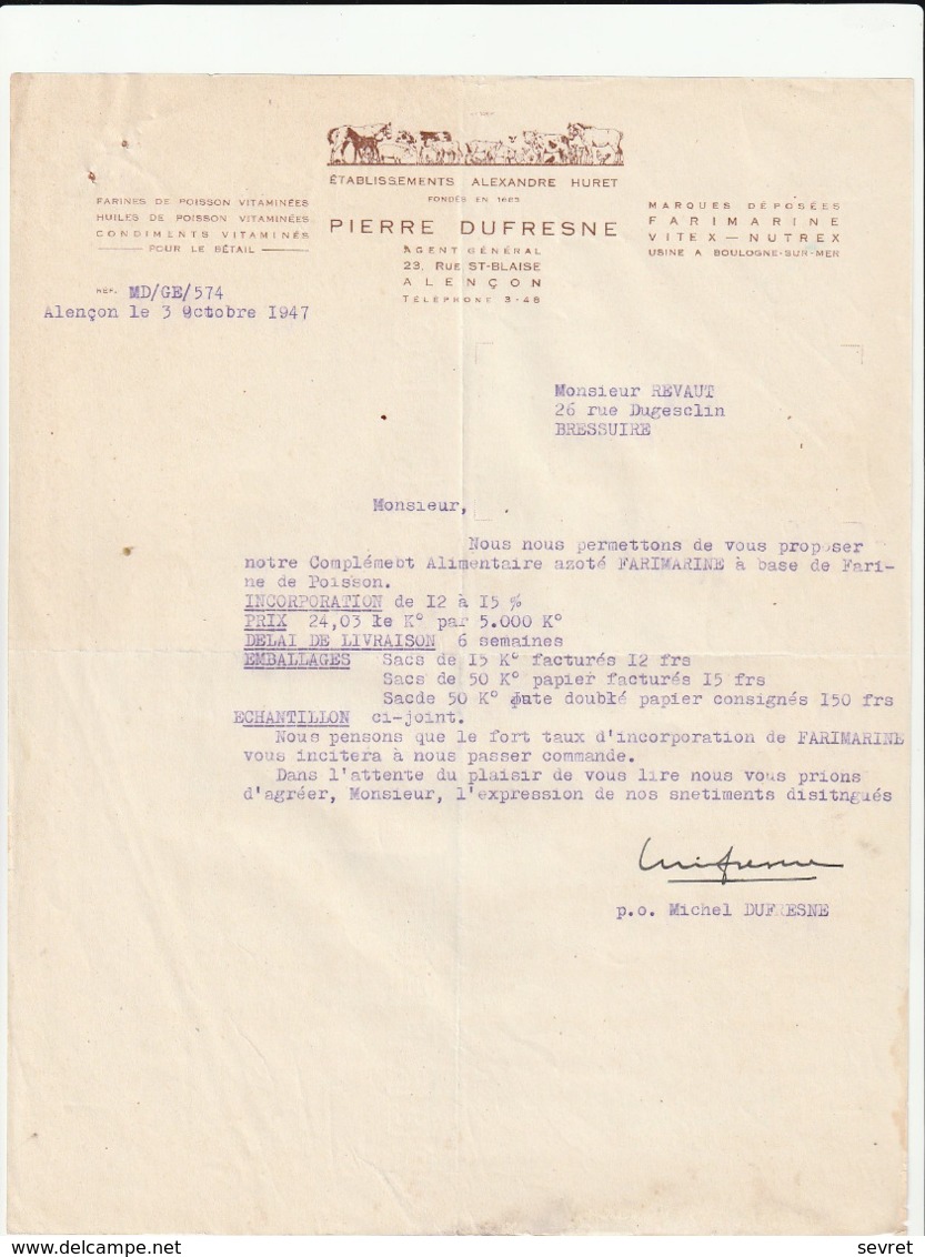 ALENCON  ETS Pierre DUFRESNE . Farines Et Huiles De Poisson Vitaminées 23 Rue St Blaise.. A4 - Agriculture