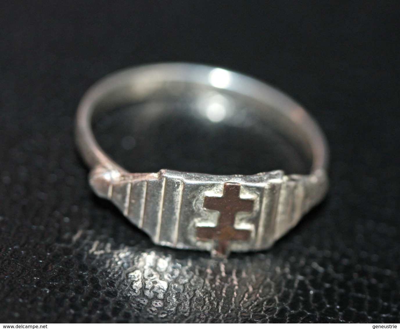 WWII Bague Gaulliste Souvenir De La Libération  - Argent 800 Poinçonnée "Croix De Lorraine / Général De Gaulle" WW2 - 1939-45