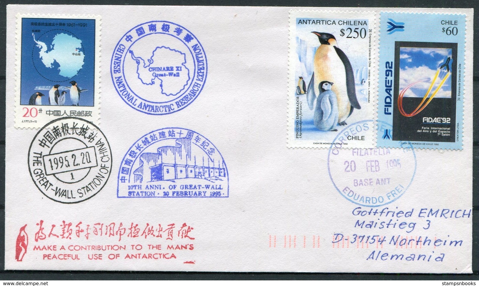 1995 Chile China, Antarctic Polar Expedition Penguin, Great Wall Station, Eduardo Frei, Antarctica CHINARE 11 Cover - Antarctic Expeditions