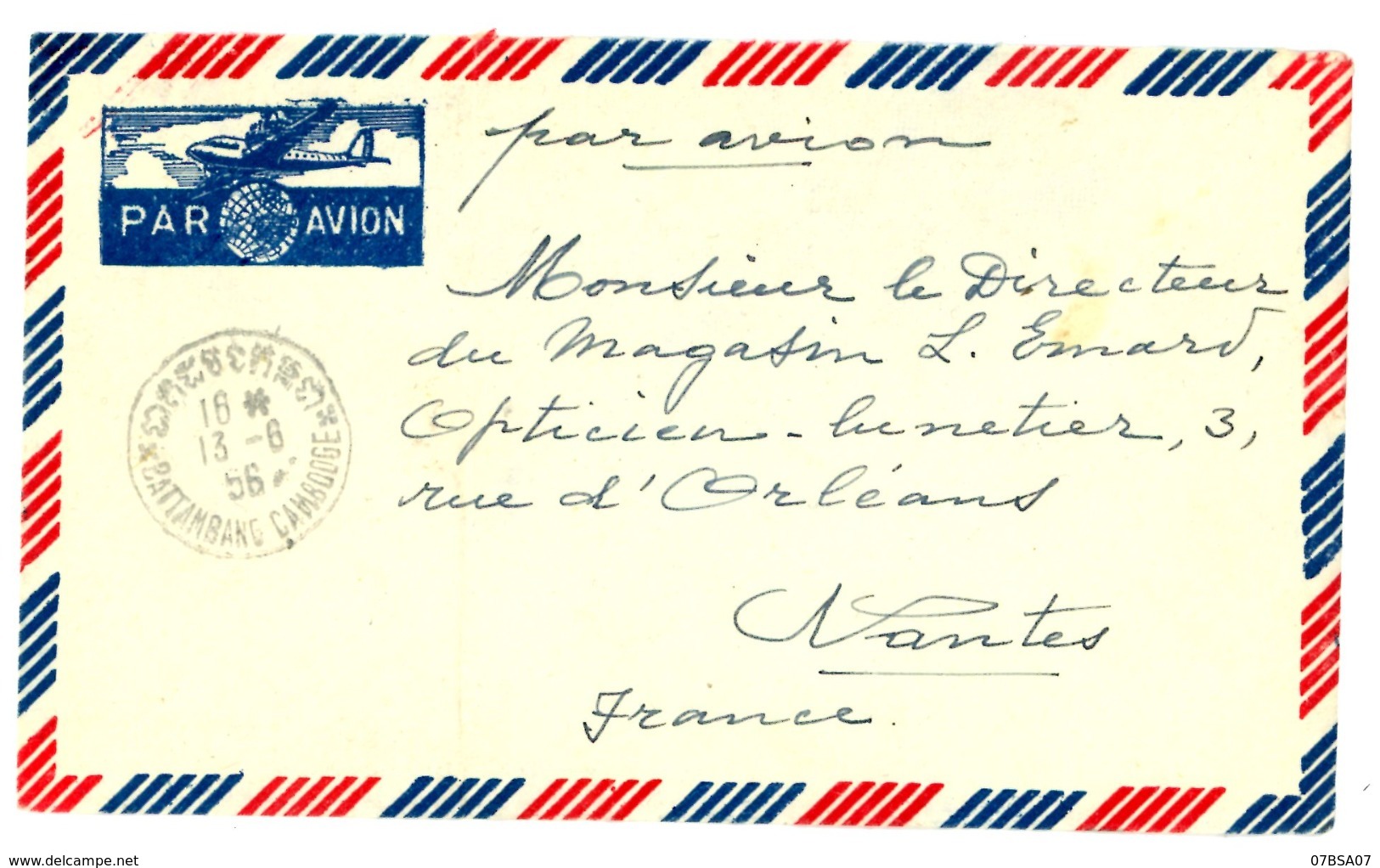 CAMBODGE ENV 1956 BATTANBANG LETTRE AVION => FRANCE   JOLIE COMPOSITION AU VERSO VOIR LES SCANS - Camboya