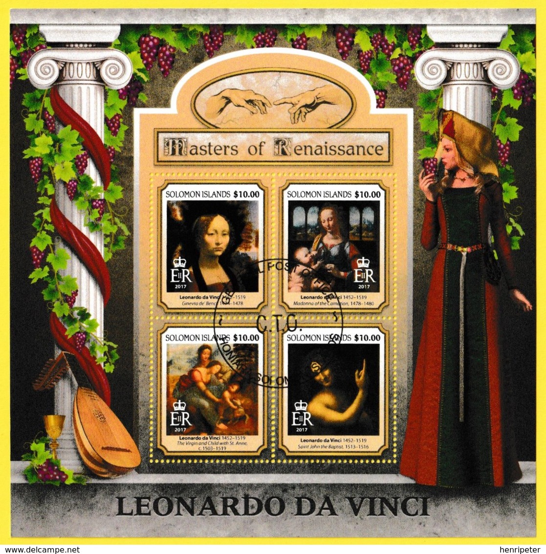 Bloc Feuillet Oblitéré De 4 Timbres-poste - Maîtres De La Renaissance Léonard De Vinci - Îles Salomon 2017 - Solomoneilanden (1978-...)