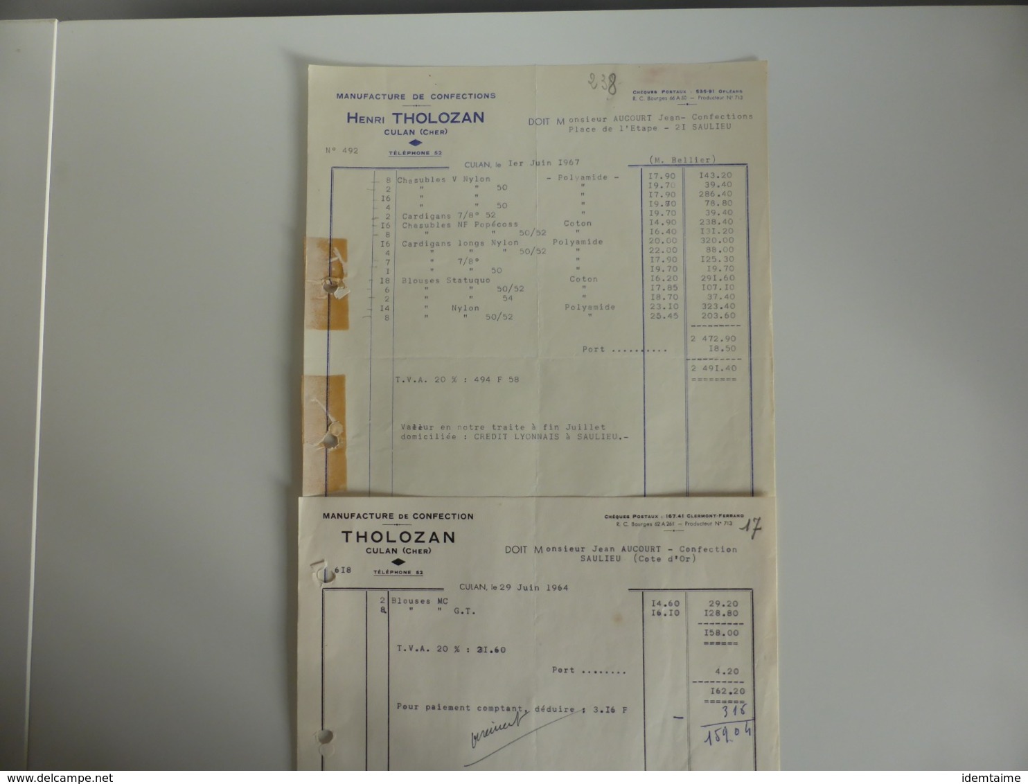 LOT DE FACTURES HENRI THOLOZAN - MANUFACTURE - CULAN - CHER - SAULIEU - BONNETERIE - ANNEES 60 - 1900 – 1949