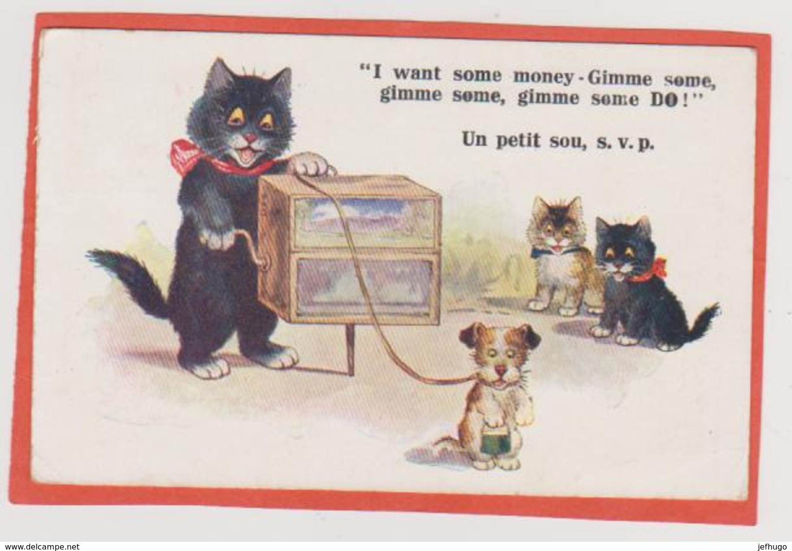 122 _ CARTE CHATS  HUMANISES MUSICIEN DE RUE ORGUE DE BARBARIE CHIEN CHATS.COMIQUE SERIES N°4617 . SCANS RECTO VERSO - Gatti