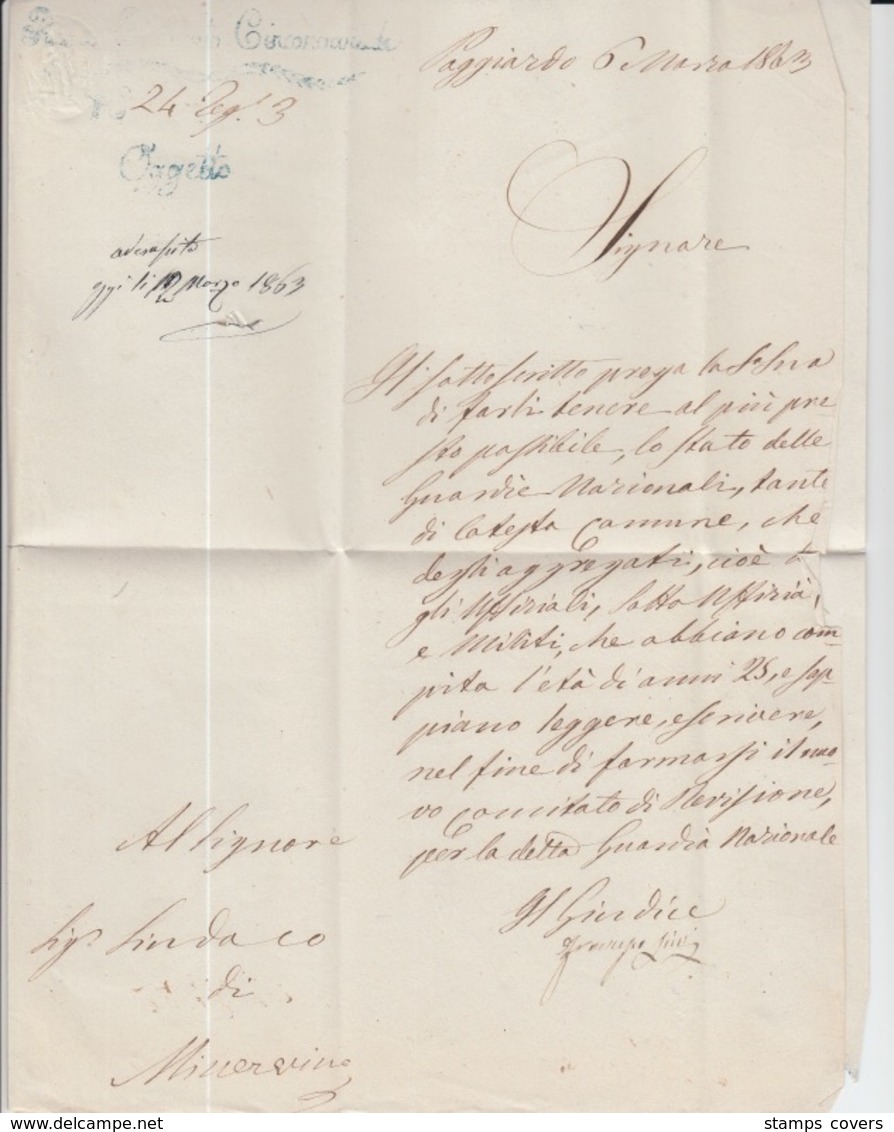 ITALIA USED COVER 07/03/1863 POGGIARDO TO MINERVINO DI LECCE - 1. ...-1850 Prefilatelia