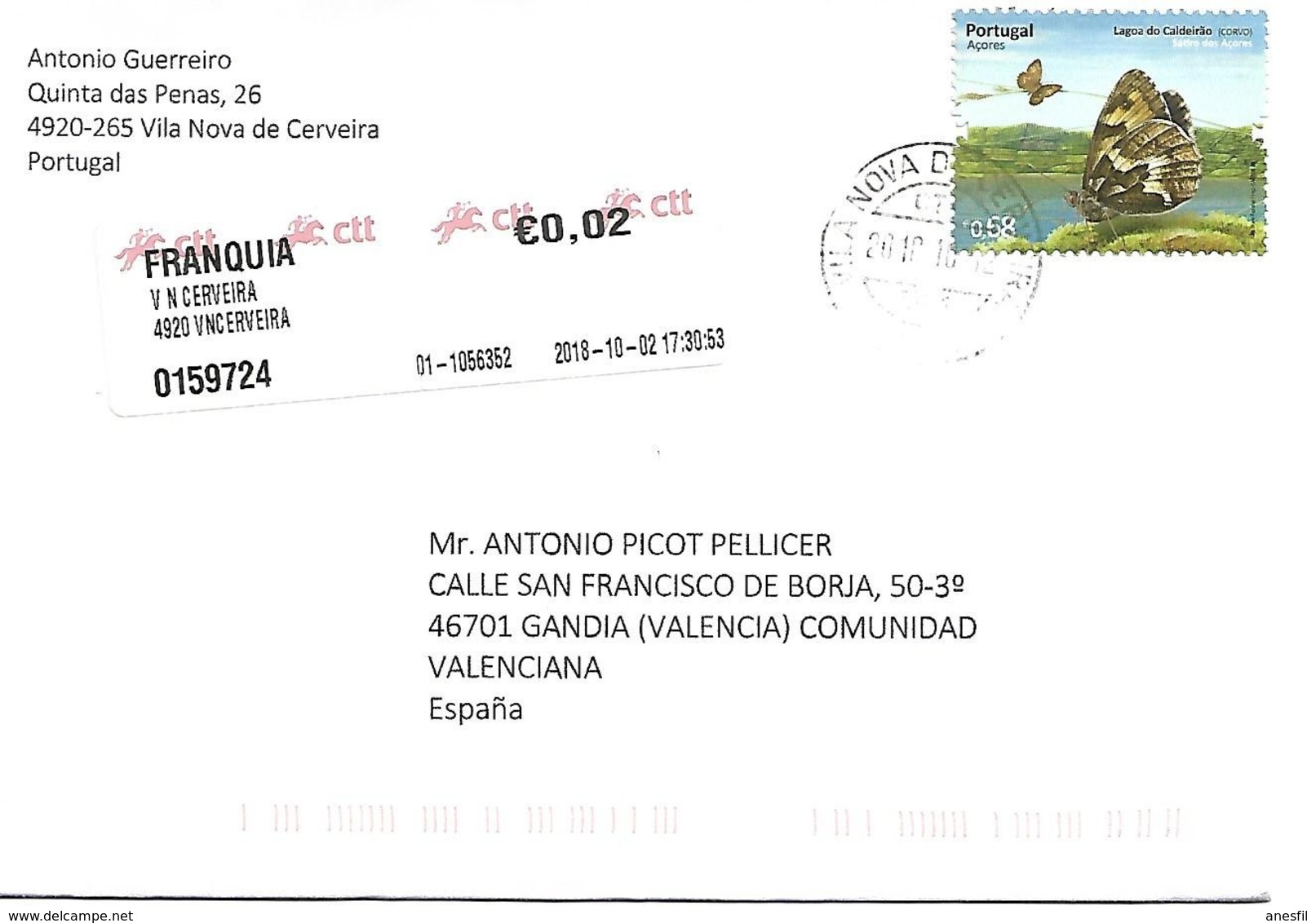 Correo Ordinario De Portugal A España. Tema Fauna Y Naturaleza. Franqueo En Euros - Covers & Documents