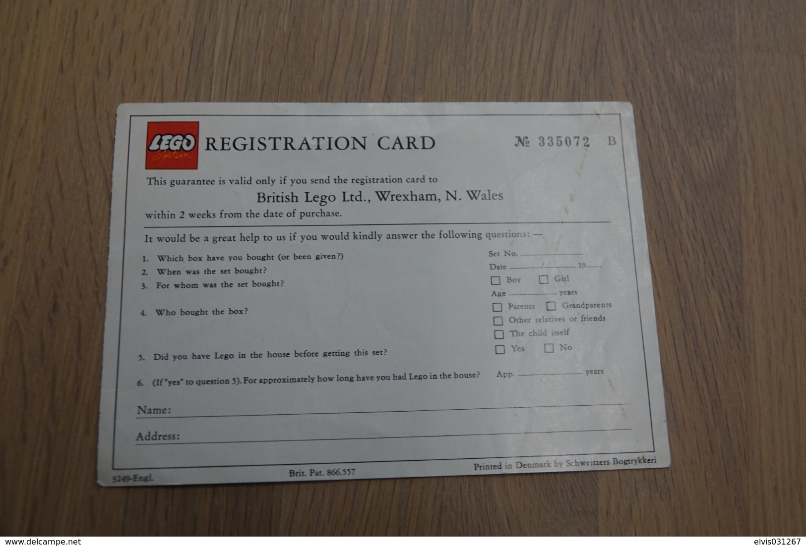 LEGO - REGISTRATION CARD - Original Lego 1970-80's - Vintage - EN - Kataloge