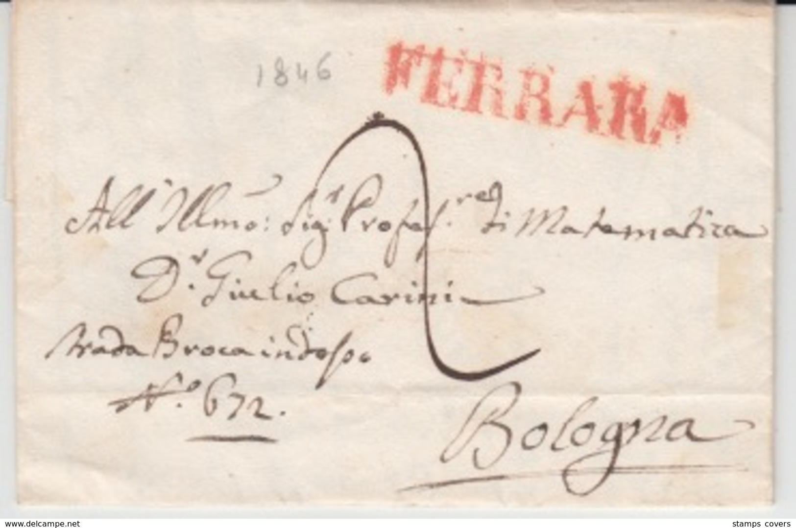 ITALIA USED COVER 28/05/1846 FERRARA TO BOLOGNA GRIFFES CACHETS - ...-1850 Préphilatélie