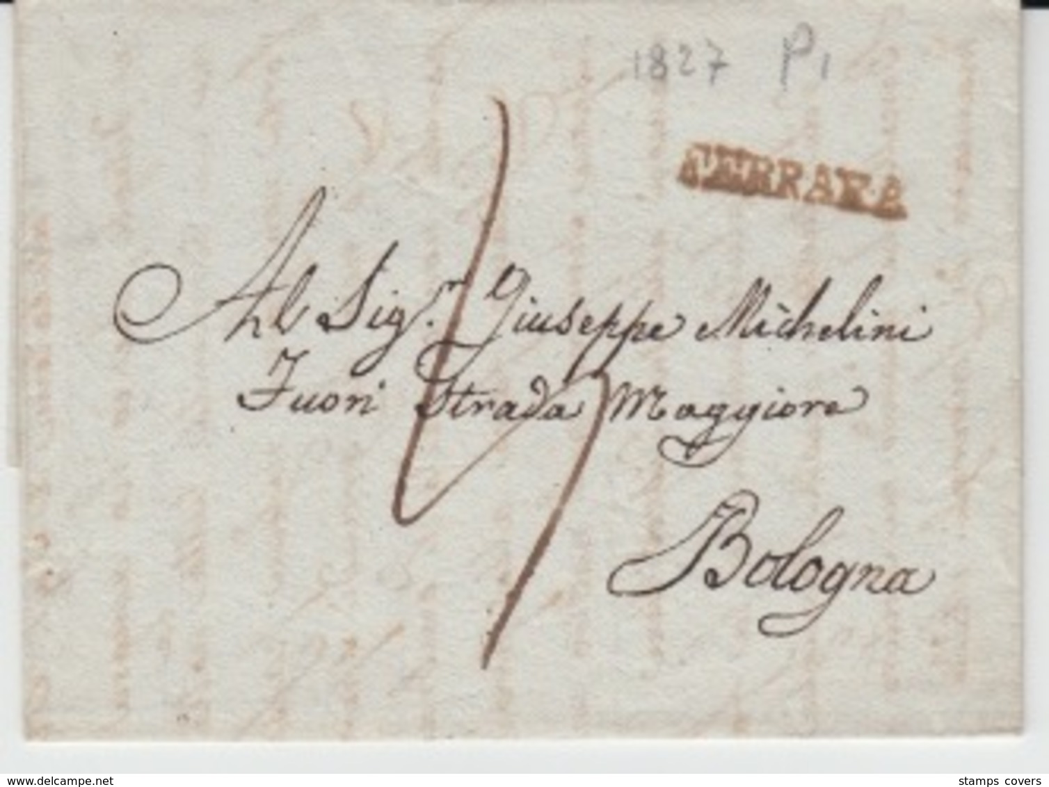 ITALIA USED COVER 10/05/1827 FERRARA TO BOLOGNA GRIFFES - ...-1850 Préphilatélie