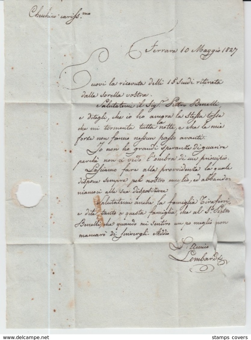 ITALIA USED COVER 10/05/1827 FERRARA TO BOLOGNA GRIFFES - ...-1850 Préphilatélie