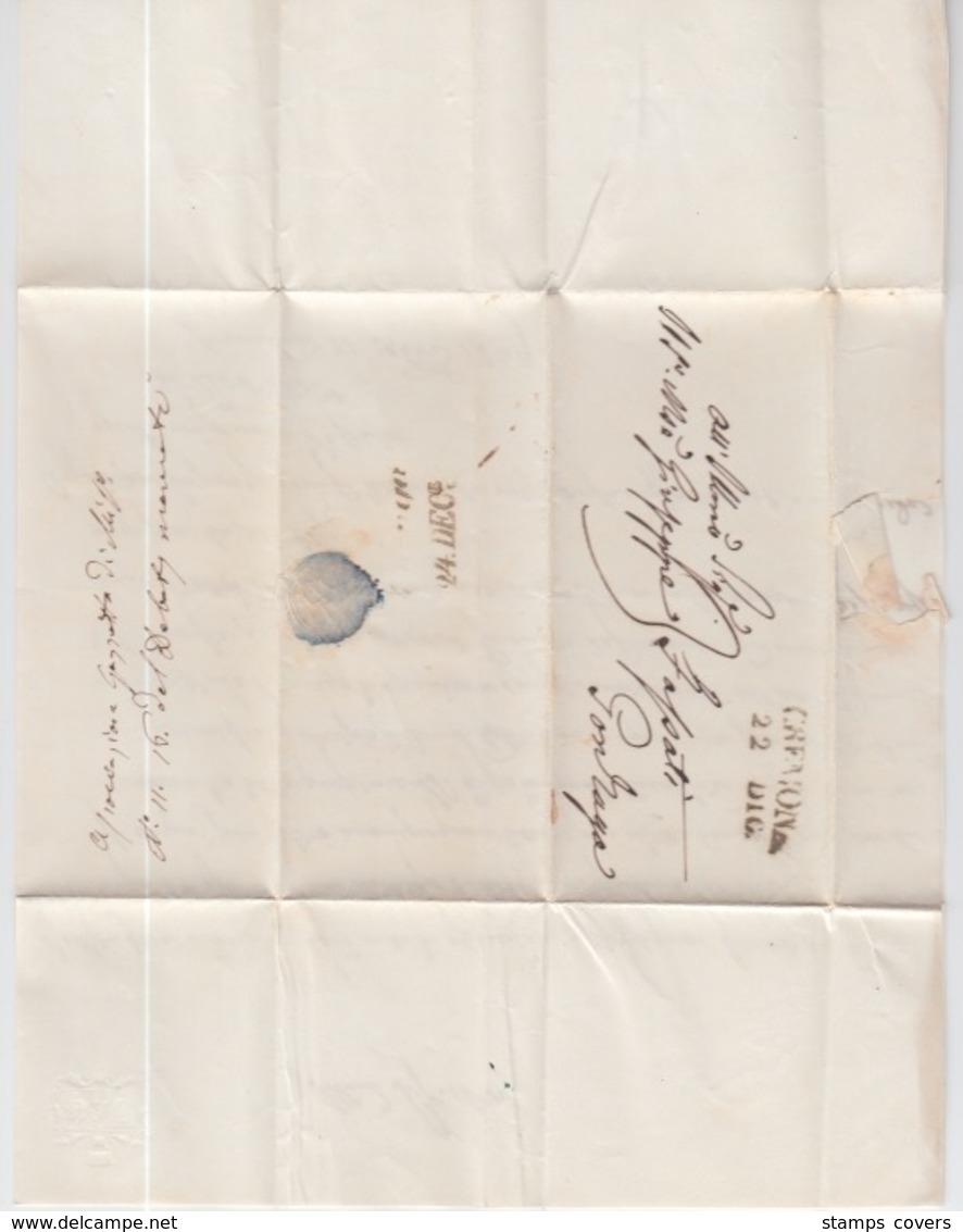 ITALIA USED COVER 21/02/1849 CREMONA TO GONZAGA GRIFFE - ...-1850 Préphilatélie