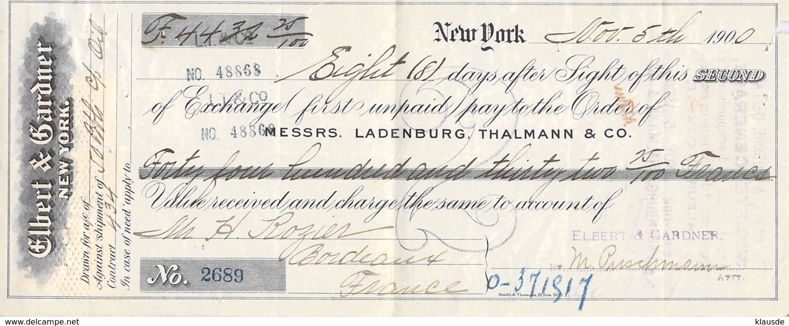 Auslandsscheck USA > Frankreich 1900 Mit Gebührenmarken - Schecks  Und Reiseschecks