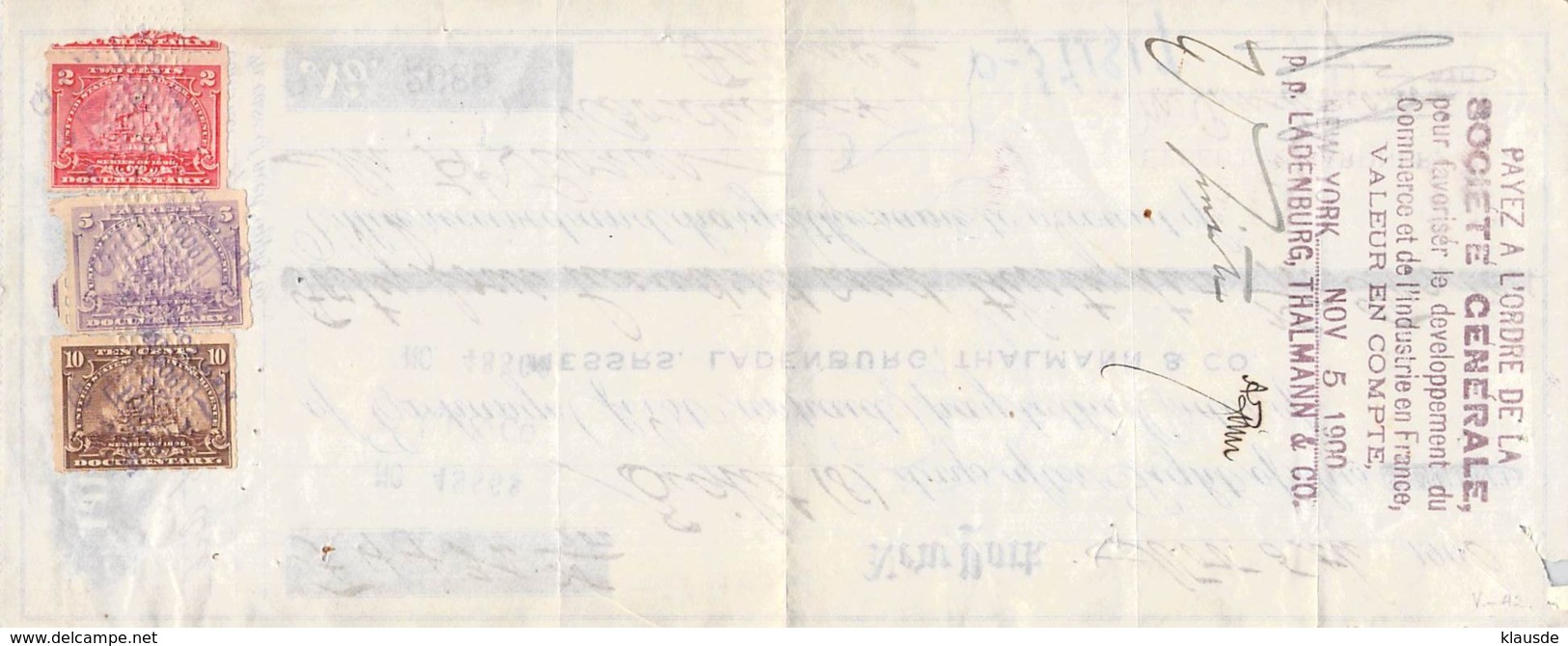 Auslandsscheck USA > Frankreich 1900 Mit Gebührenmarken - Schecks  Und Reiseschecks