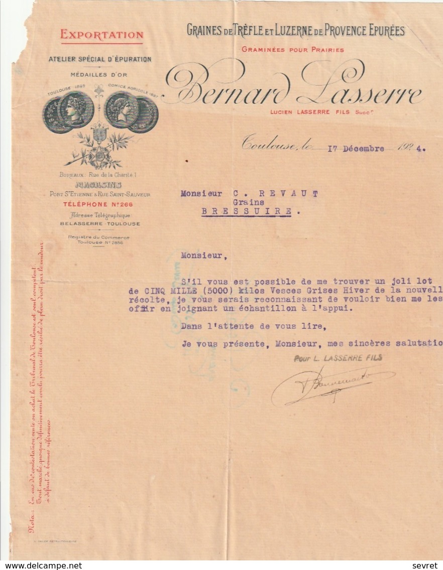 TOULOUSE - Bernard Lasserre .  Graines De Trèfle Et Luzerne De Provence.  A4 - Landwirtschaft