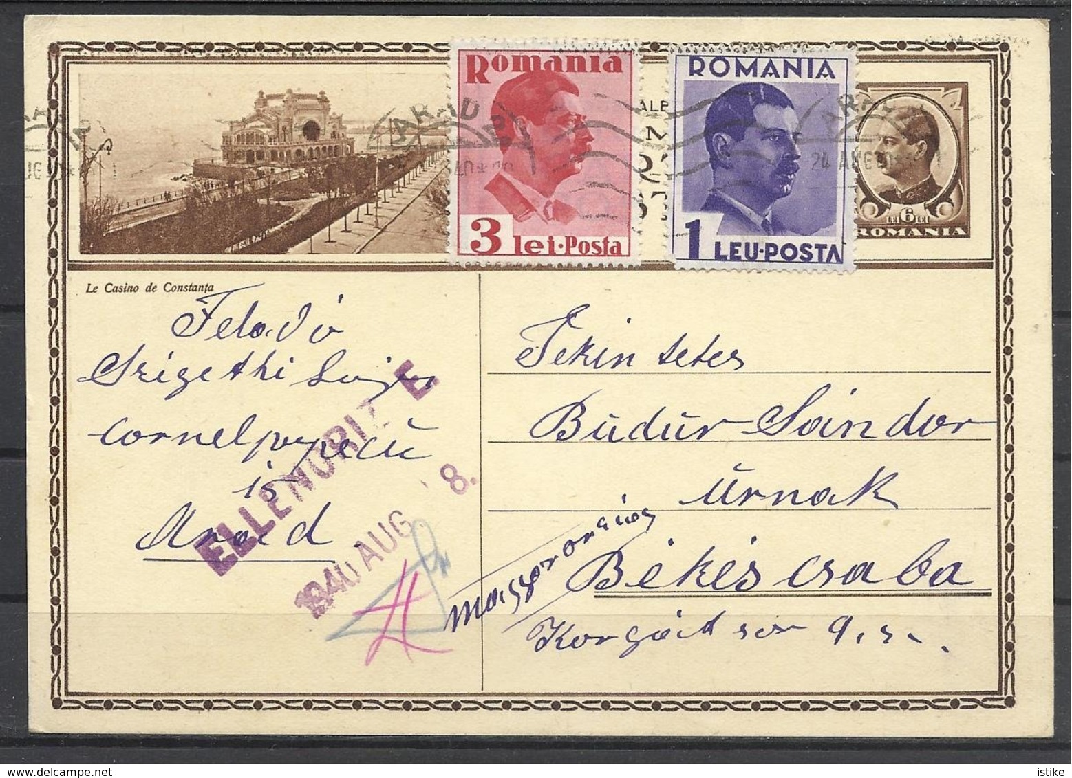 Romania,St. Card, Casino Constanta, Arad- Bekescsaba, Checked Up By Hungary, 1940. - Postal Stationery