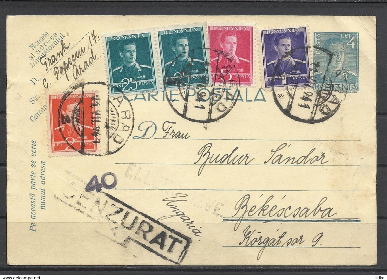 Romania,St. Card, Arad - Bekescsaba, Censored, 1941. - Postwaardestukken