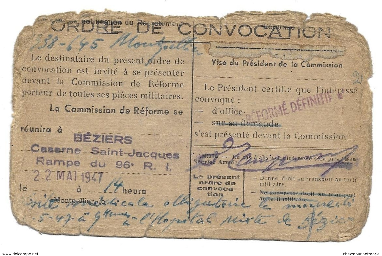 RODRIGUE ROBERT BEZIERS ORDRE CONVOCATION CASERNE ST JACQUES 96 E RI MILITAIRE - Documents