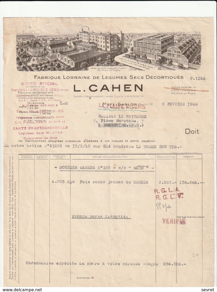 MOSELLE  - METZ  SABLON - L. CAHEN . Fabrique Lorraine De Légumes Secs  A4 - Agricoltura