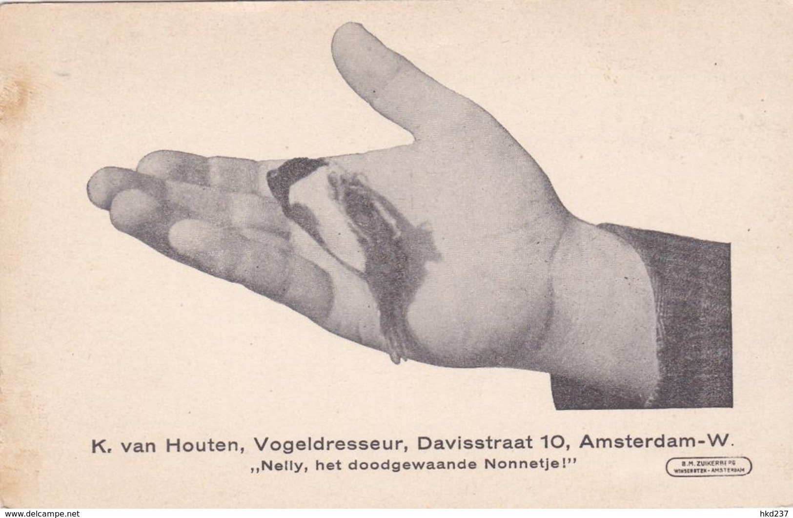 Reclamekaart K.van Houten Vogeldresseur Davisstraat 10 Amsterdam-W "Nelly Het Doodgewaande Nonnetje"     588 - Publicidad