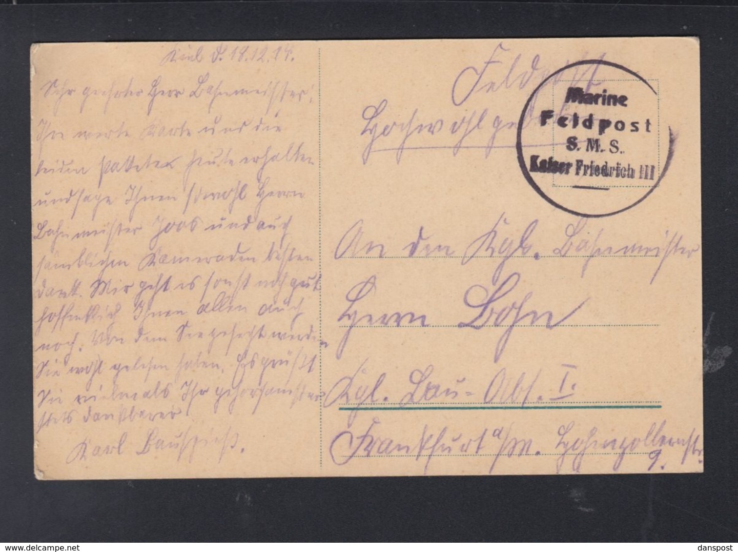 Dt. Reich PK Marine Felspost SMS Kaiser Friedrich III 1914 - Covers & Documents