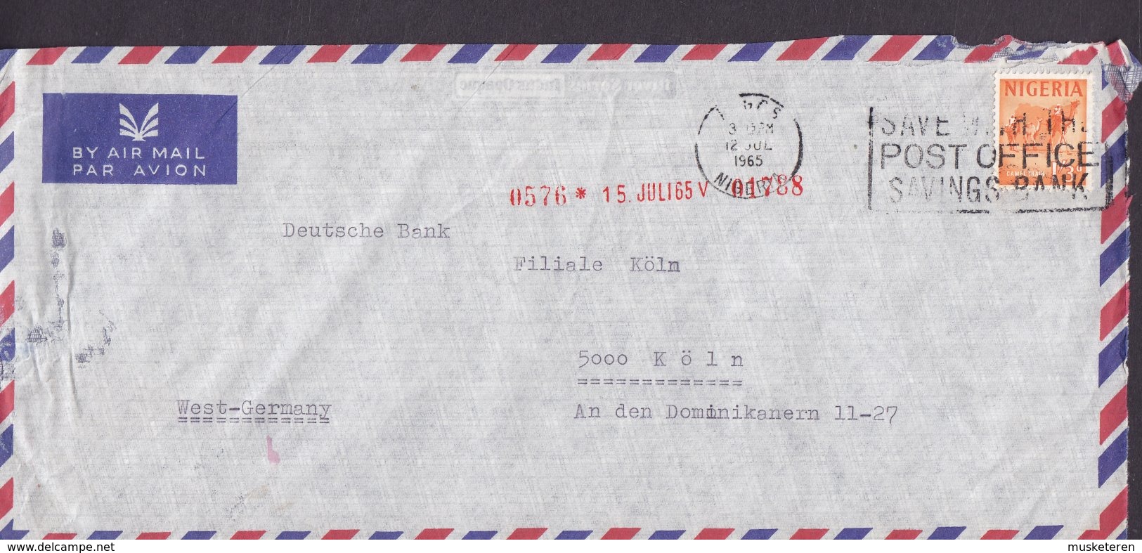 Nigeria Air Mail LAGOS 1965 Cover Brief DEUTSCHE BANK, KÖLN Germany 1'3d. Camel Trail Stamp Single Franking - Nigeria (1961-...)