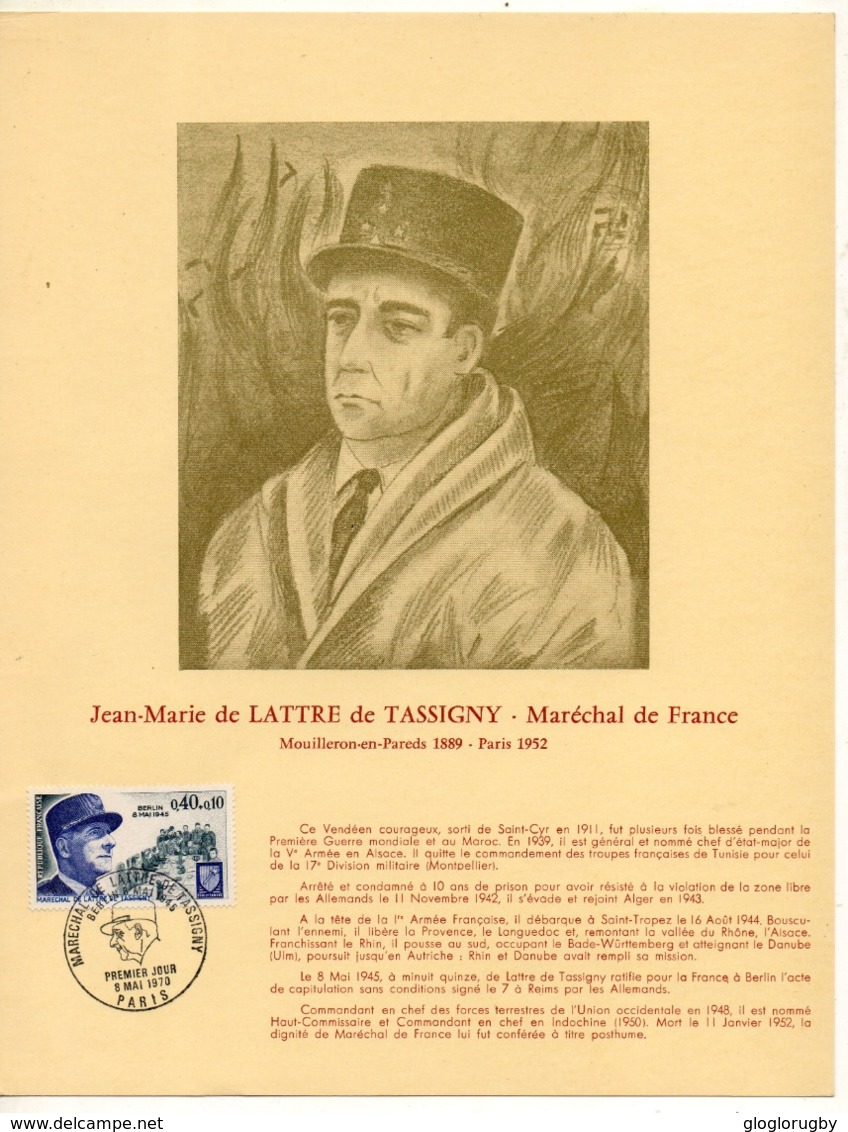 FEUILLET MARECHAL DE LATTRE DE TASSIGNY  TIMBRE ET CACHET 1ER JOUR NUMEROTE RARE - Guerre Mondiale (Seconde)