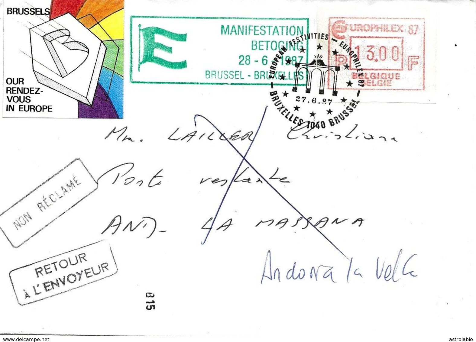 " Europhilex 87 " Letrre Vers Andorre Avec Retour. Cover, Brief, Vignette. Voir 2 Scan - 1980-1999