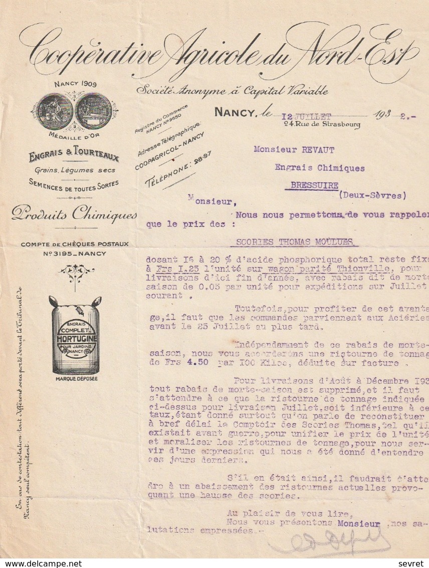 54    - NANCY  - 24 Rue De Strasbourg  -  Coopérative Agricole Du Nord Est     Engrais Et Tourteaux.  A4 - Agricoltura