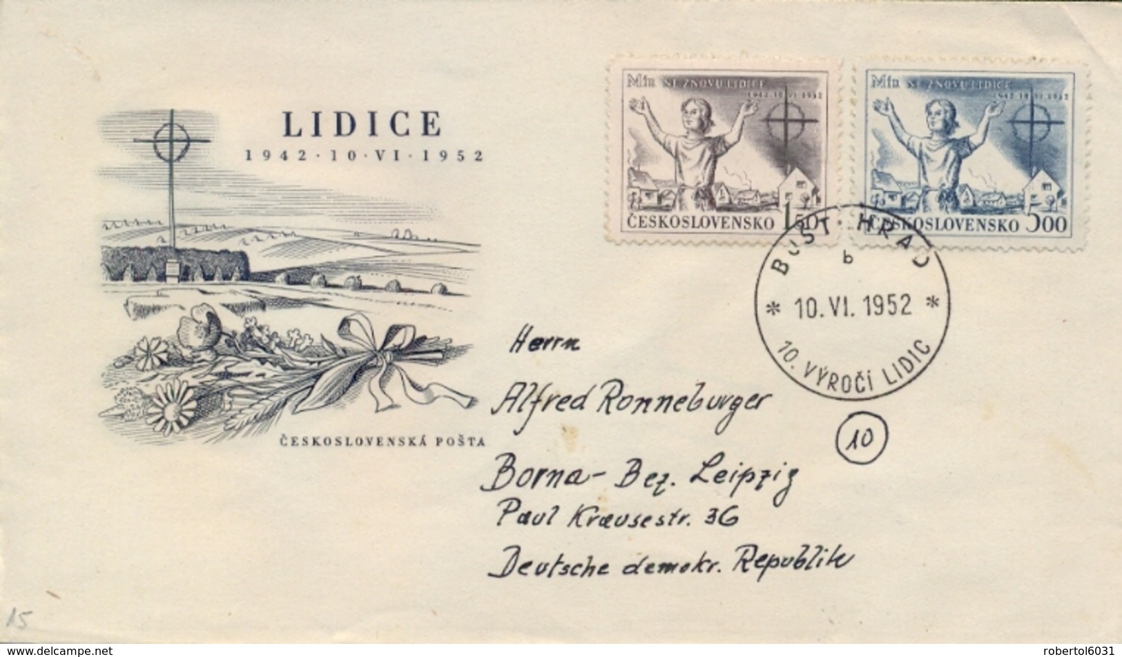 Czechoslovakia 1952 FDC Posted 10th Anniversary Destruction Of Lidice By Nazi - Seconda Guerra Mondiale