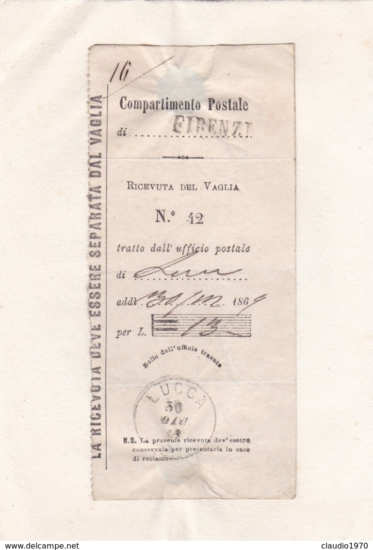 RICEVUTA DEL VAGLIA - UFFICIO POSTALE FIRENZE - COMPARTIMENTO POSTALE LUCCA - EMESSO 1869 - Interi Postali