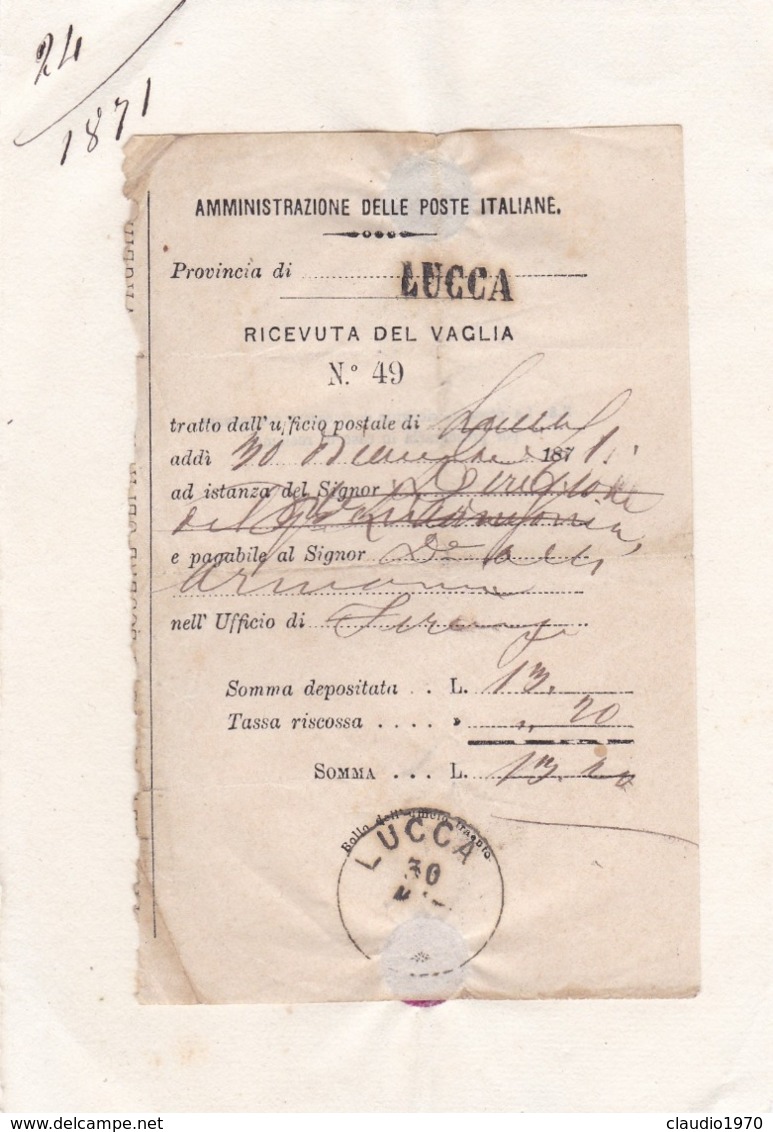 RICEVUTA DEL VAGLIA - UFFICIO POSTALE FIRENZE - COMPARTIMENTO POSTALE LUCCA - EMESSO 1871 - Entero Postal