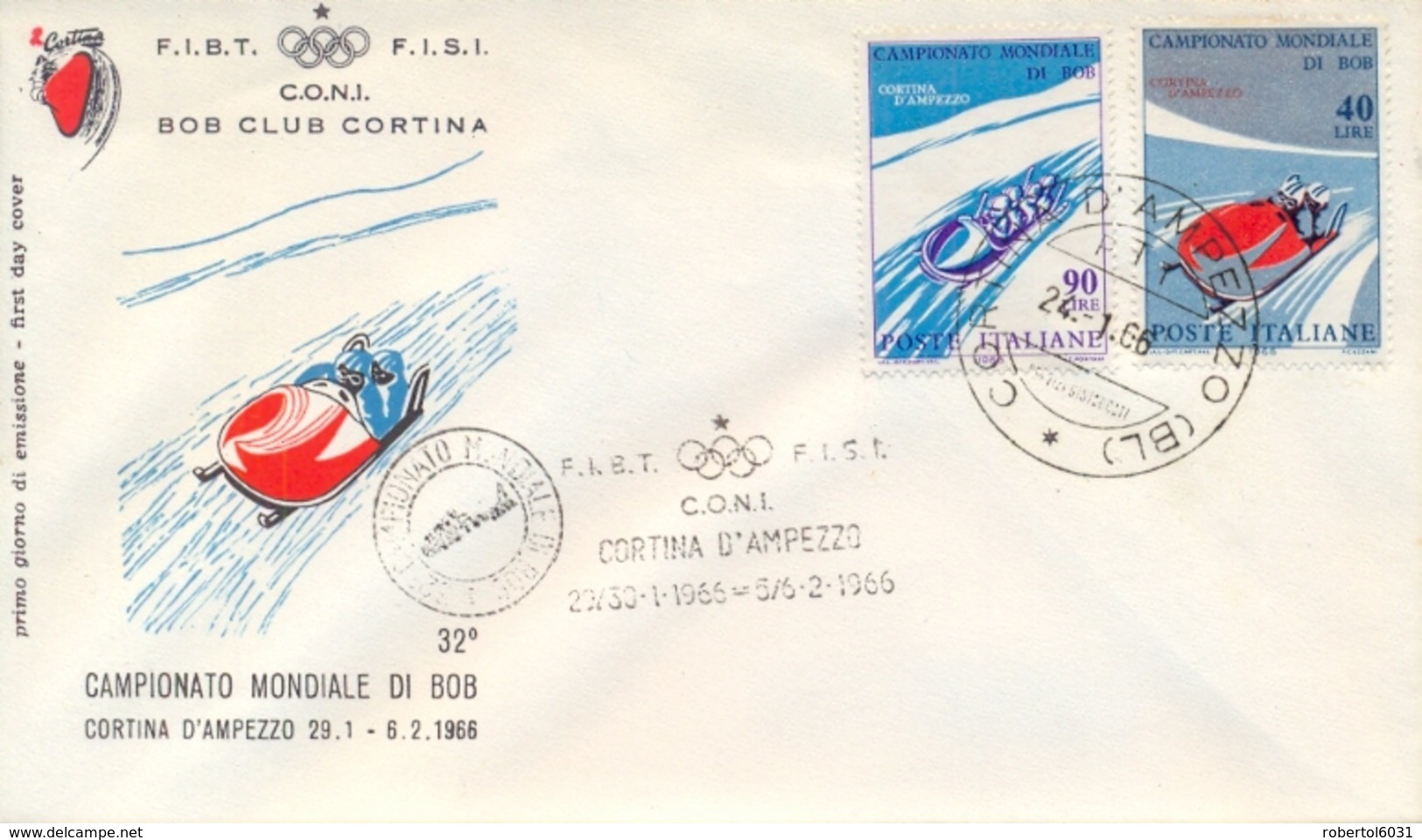 Italia Italy 1966 FDC FILAGRANO Campionati Mondiali Di Bob World Bobsleigh Championships Annullo Di Cortina D'Ampezzo - Wintersport (Sonstige)