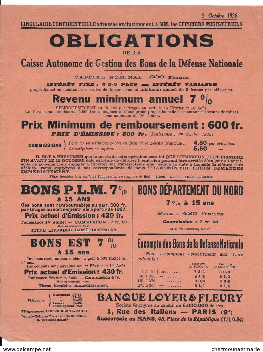 CIRCULAIRE CONFIDENTIELLE OCTOBRE 1926 OFFCIERS MINISTERIELS OBLIGATIONS PARIS AFFICHE 27X22 CM - Posters