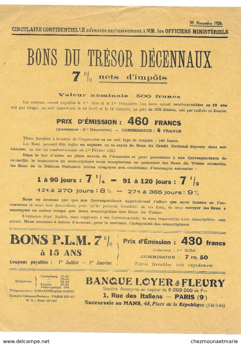 CIRCULAIRE CONFIDENTIELLE NOVEMBRE 1926 OFFCIERS MINISTERIELS BONS DU TRESOR PARIS AFFICHE 27X22 CM - Plakate