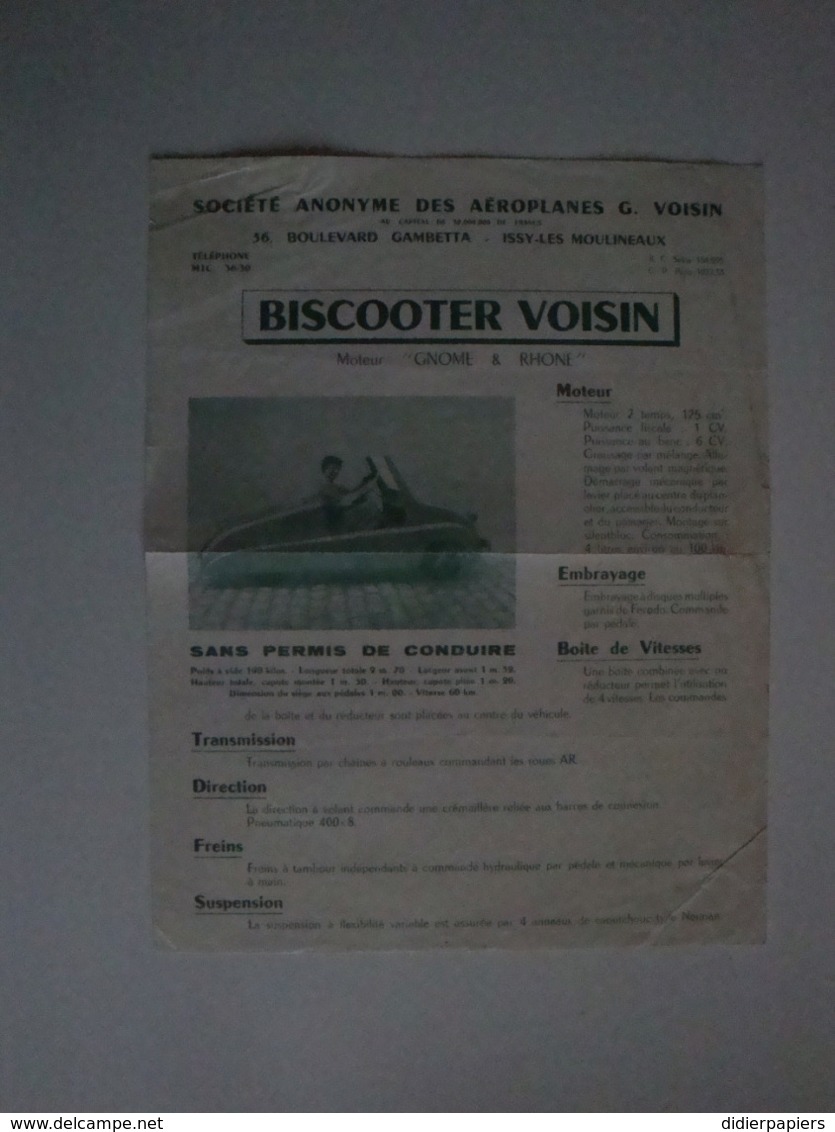 Plaquette Publicitaire Pour Le BISCOOTER VOIVIN,moteur "Gnome&Rhone" 125 Cm3,60km/h - Automobile