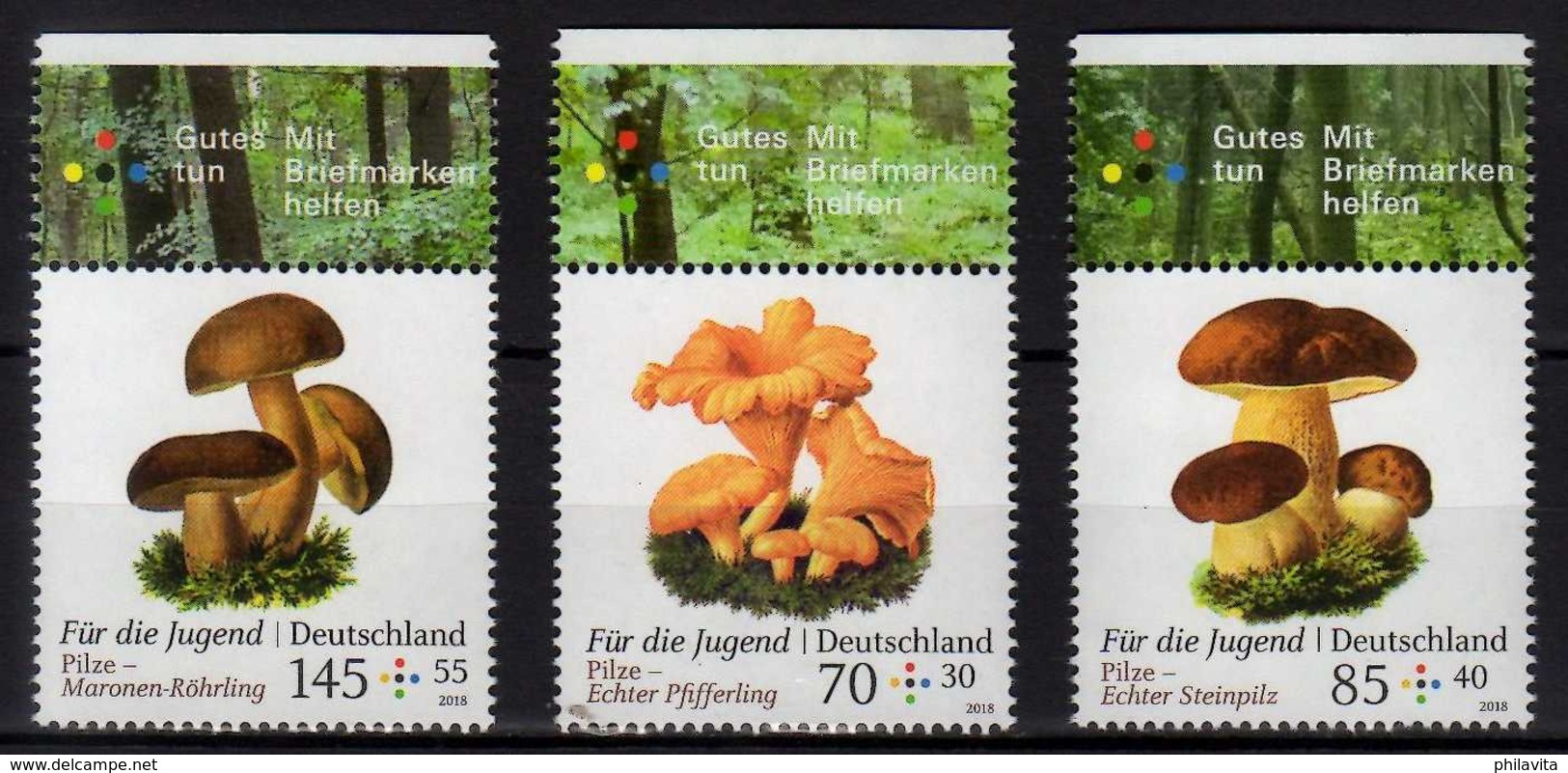 2018 Germany - For The Youth - Mushrooms - MNH** MiNr. 3407 - 3409 Chanterelle, Penny Bun, Bay Bolete - Pilze