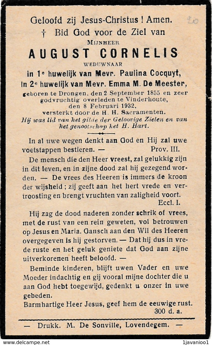 Drongen, 1932, August Cornelis, Cocquit, De Meester - Devotieprenten