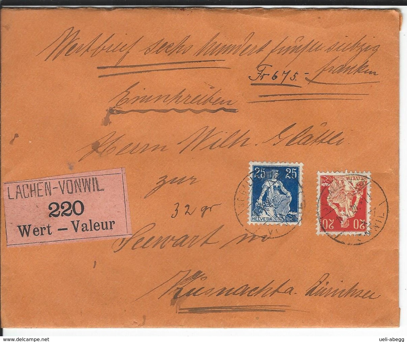 SBK 108, 109, Mi 102, 103, Wertbrief St. Gallen Vonwil 1.5.21 Nach Küsnacht - Storia Postale