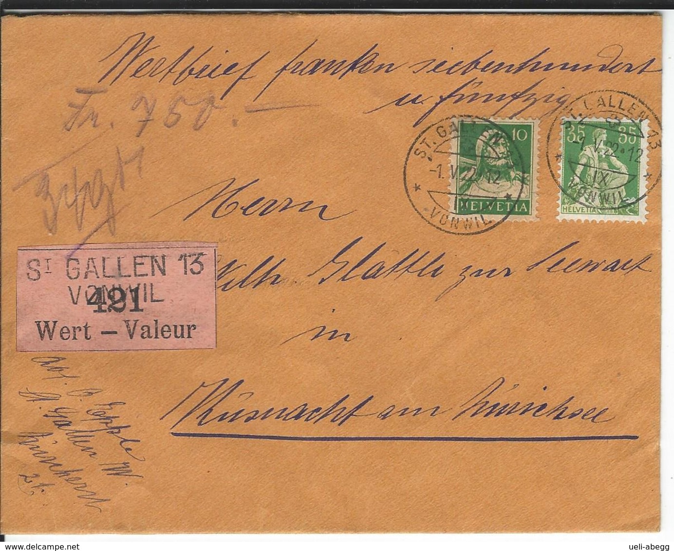 SBK 110, 153, Mi 104, 164, Wertbrief St. Gallen Vonwil 1.5.22 Nach Küsnacht - Storia Postale