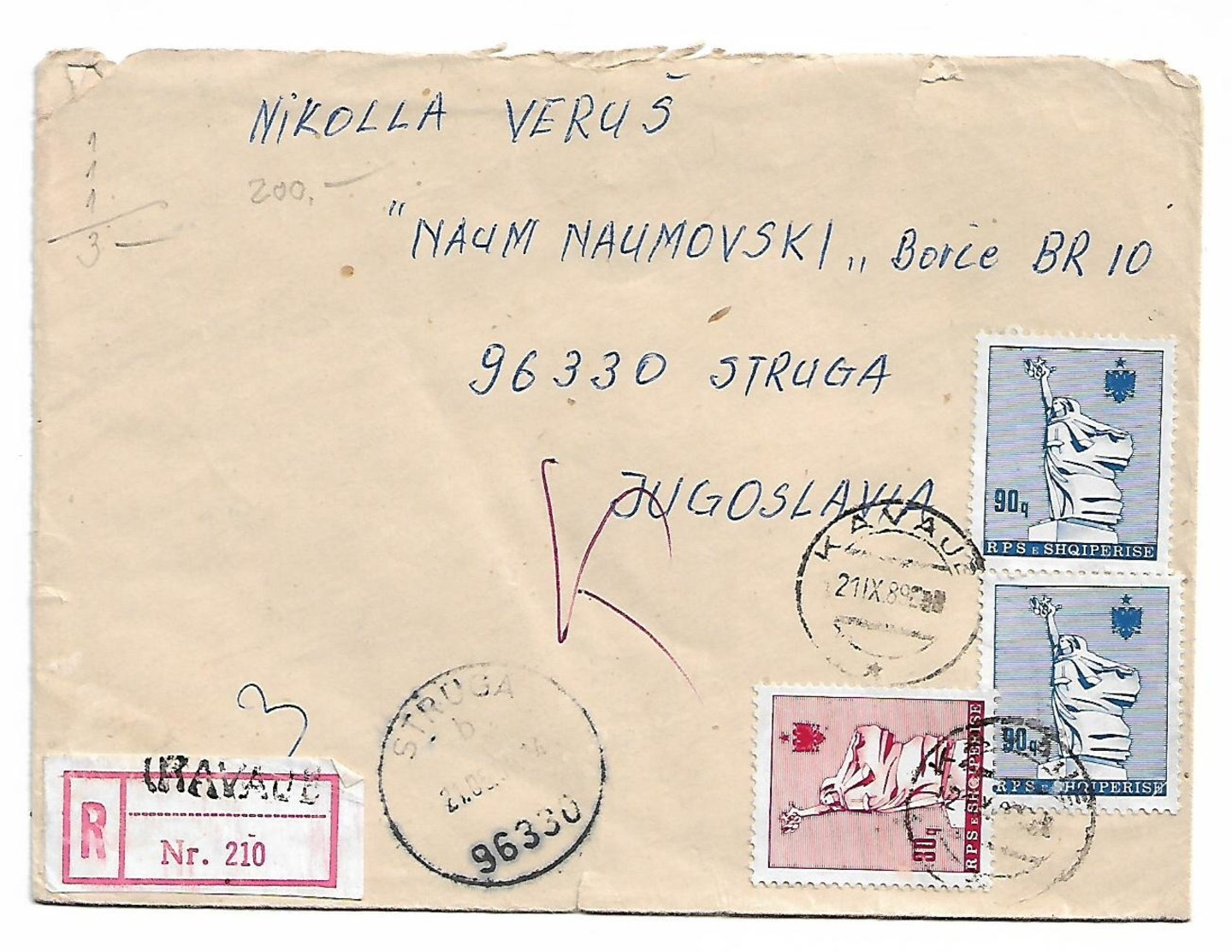 Albania Kavaje RARE Cansel POSTA TRANZIT To Struga Yugoslavia Monument Stamp SEE BACK - Albanie