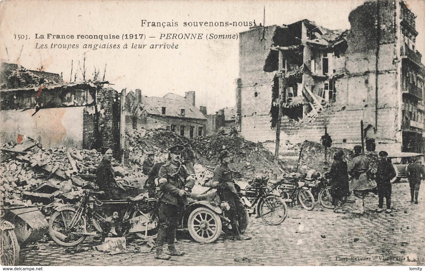 Militaire Guerre 1914 1918 Peronne Somme Les Troupes Anglaises à Leur Arrivée Moto Motocyclette Motocycliste - Weltkrieg 1914-18