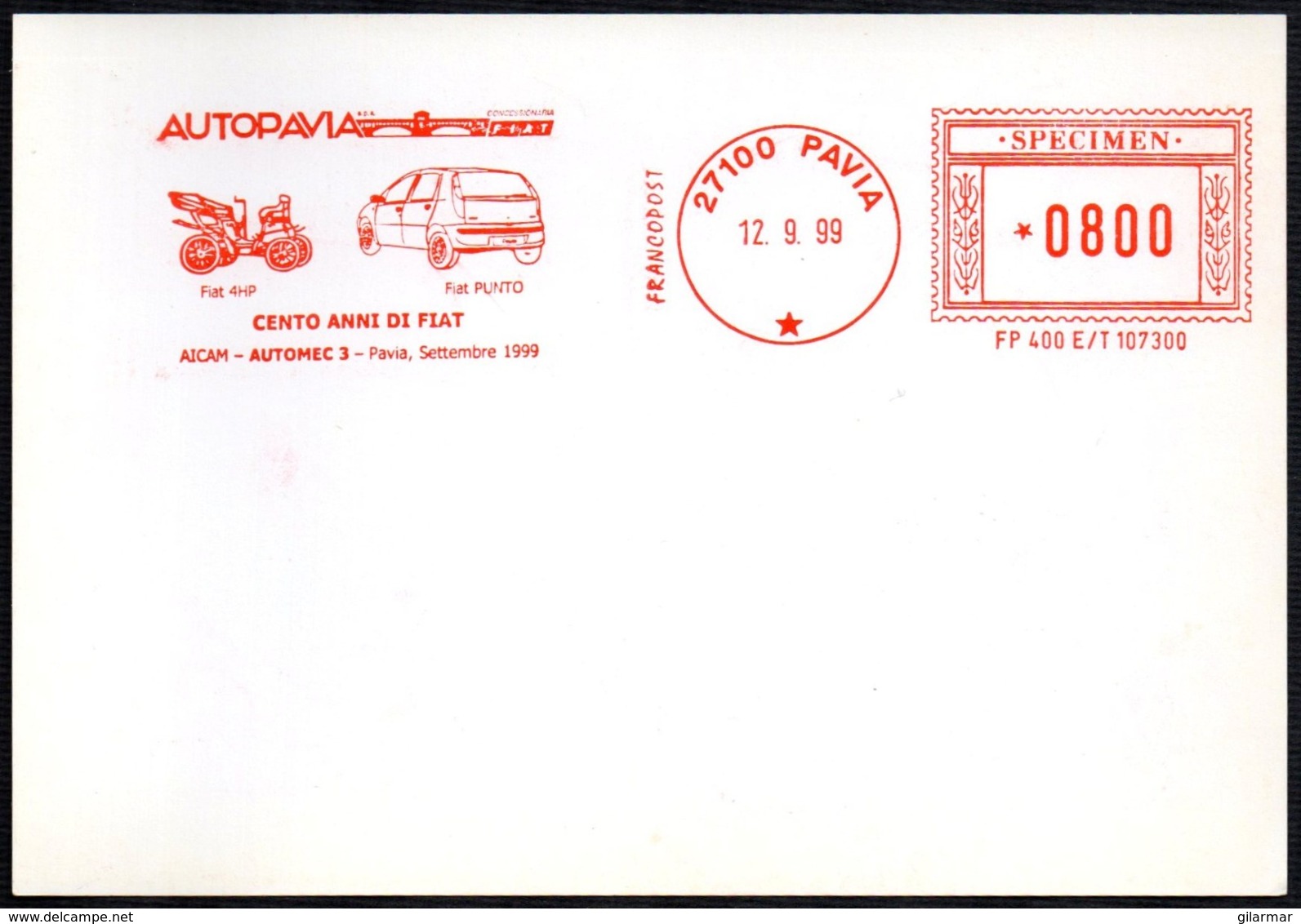 ITALIA PAVIA 1999 - SPECIMEN AICAM (NO POSTALE) - AUTOMEC 3 - CENTO ANNI DI FIAT - Automobili