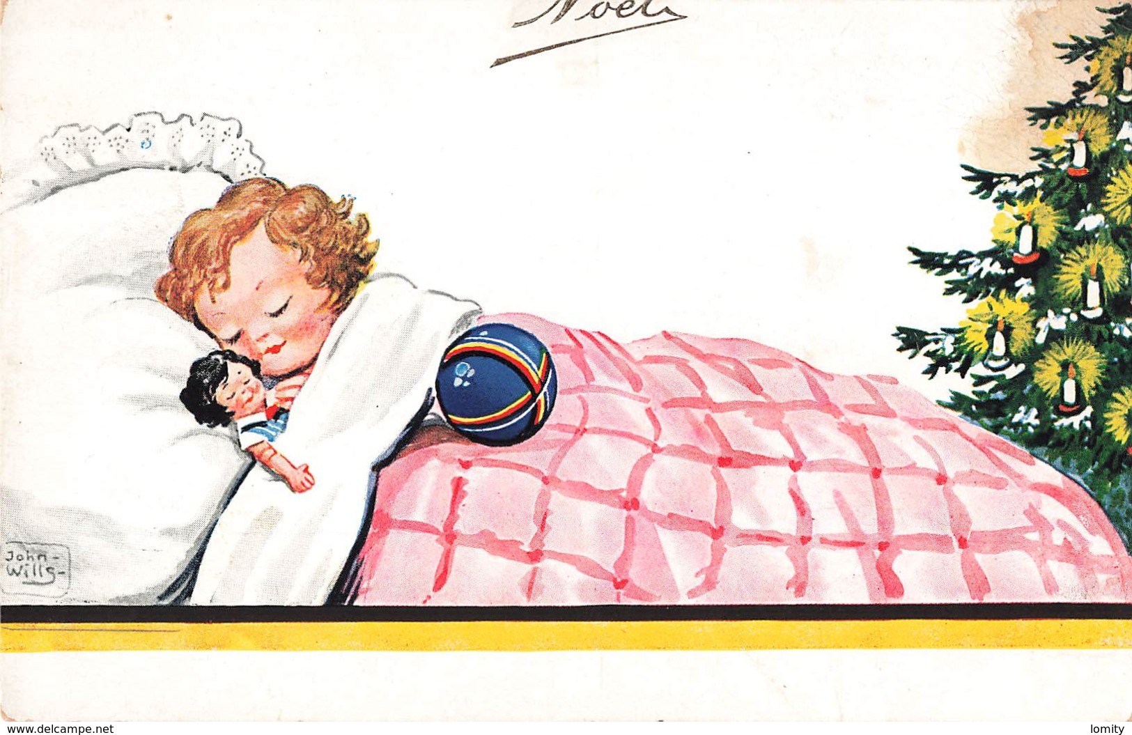 Illustration Illustrateur John Wills Fille Fillette Dans Lit Avec Poupée Et Ballon - Wills, John