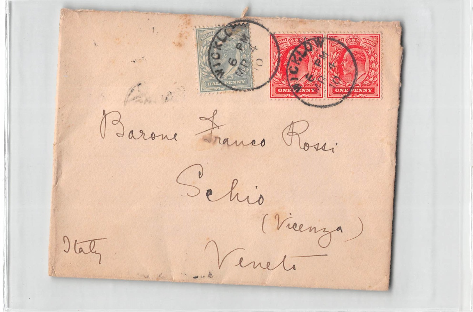 12105 UNITED KINGDOM WICKLOW TO SCHIO - 1910 - Lettres & Documents