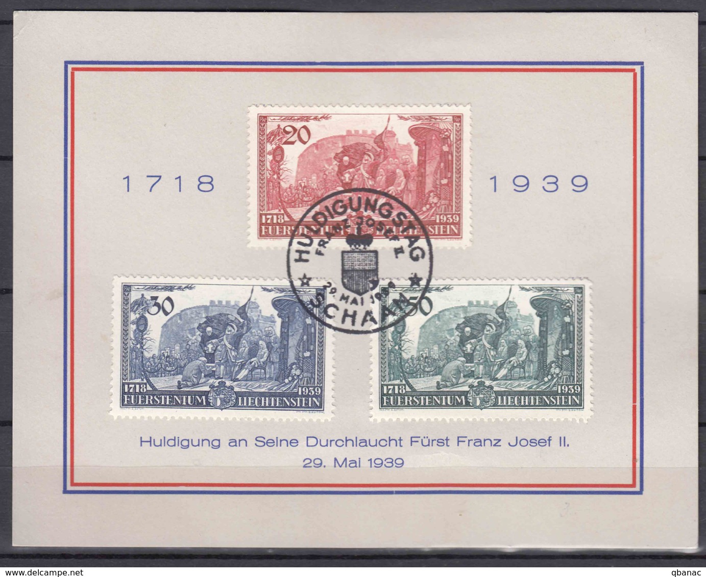 Liechtenstein 1939 Mi#180-182 On Nice Commemorative Card, First Day Of Issue Postmark, 29. Mai 1939 - Briefe U. Dokumente