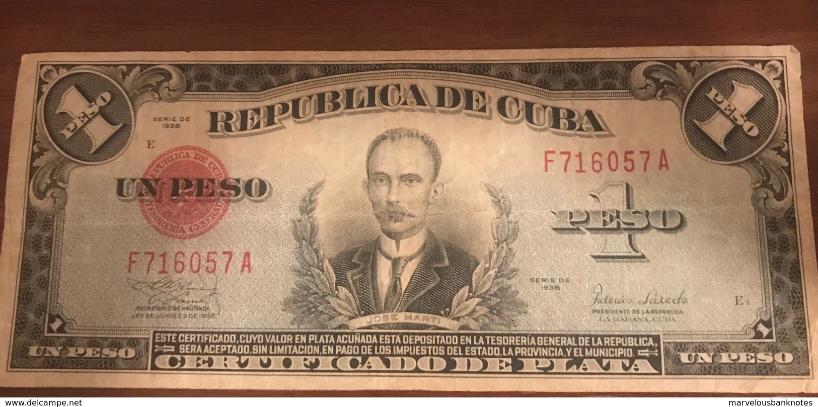 Caribbean Rare 1938 Silver Certificate 1 Peso ( VG) - Cuba