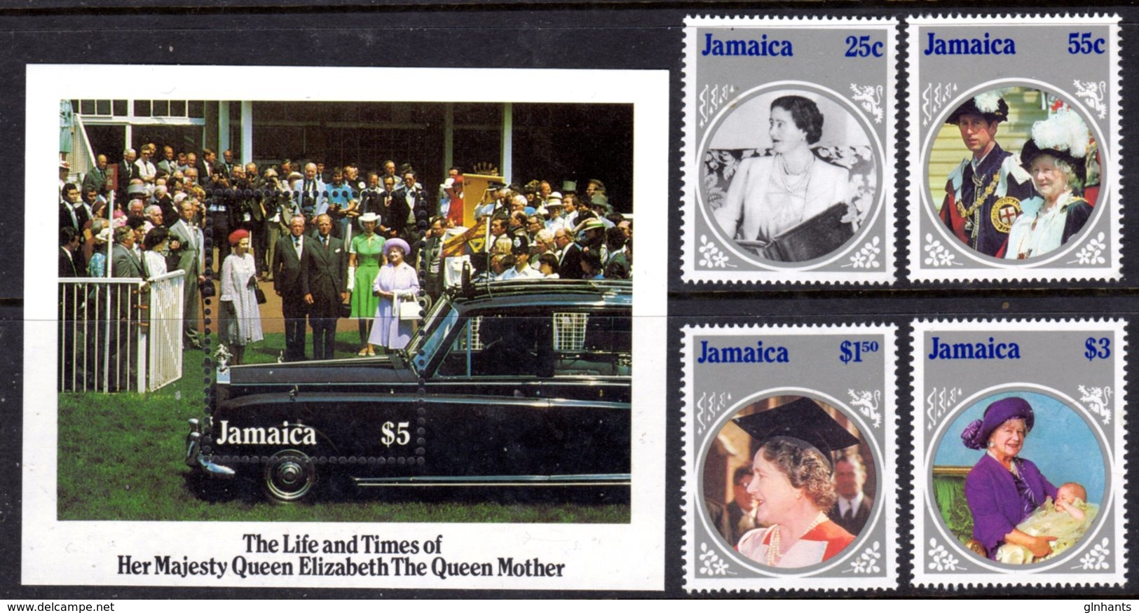 JAMAICA - 1985 LIFE & TIMES OF QUEEN ELIZABETH THE QUEEN MOTHER SET (4V) & MS FINE MNH ** SG 625-628, MS629 - Jamaica (1962-...)