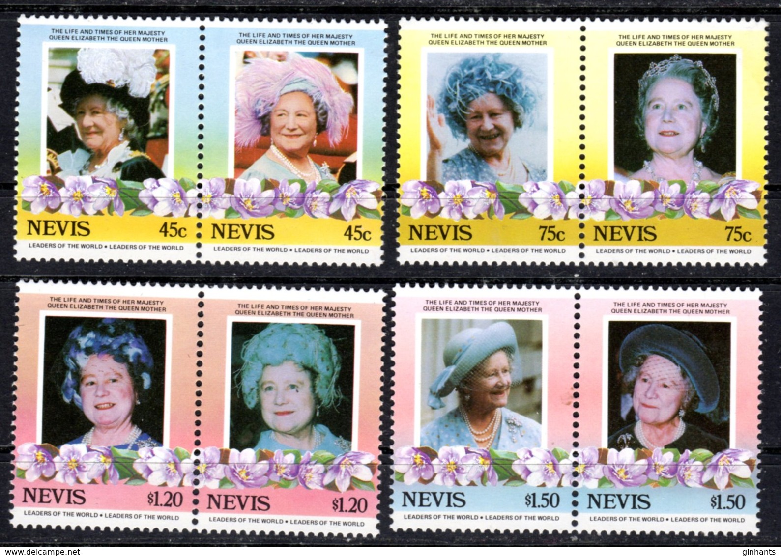 NEVIS - 1985 LIFE & TIMES OF QUEEN ELIZABETH THE QUEEN MOTHER SET (8V) FINE MNH ** SG 309-316 - St.Kitts And Nevis ( 1983-...)