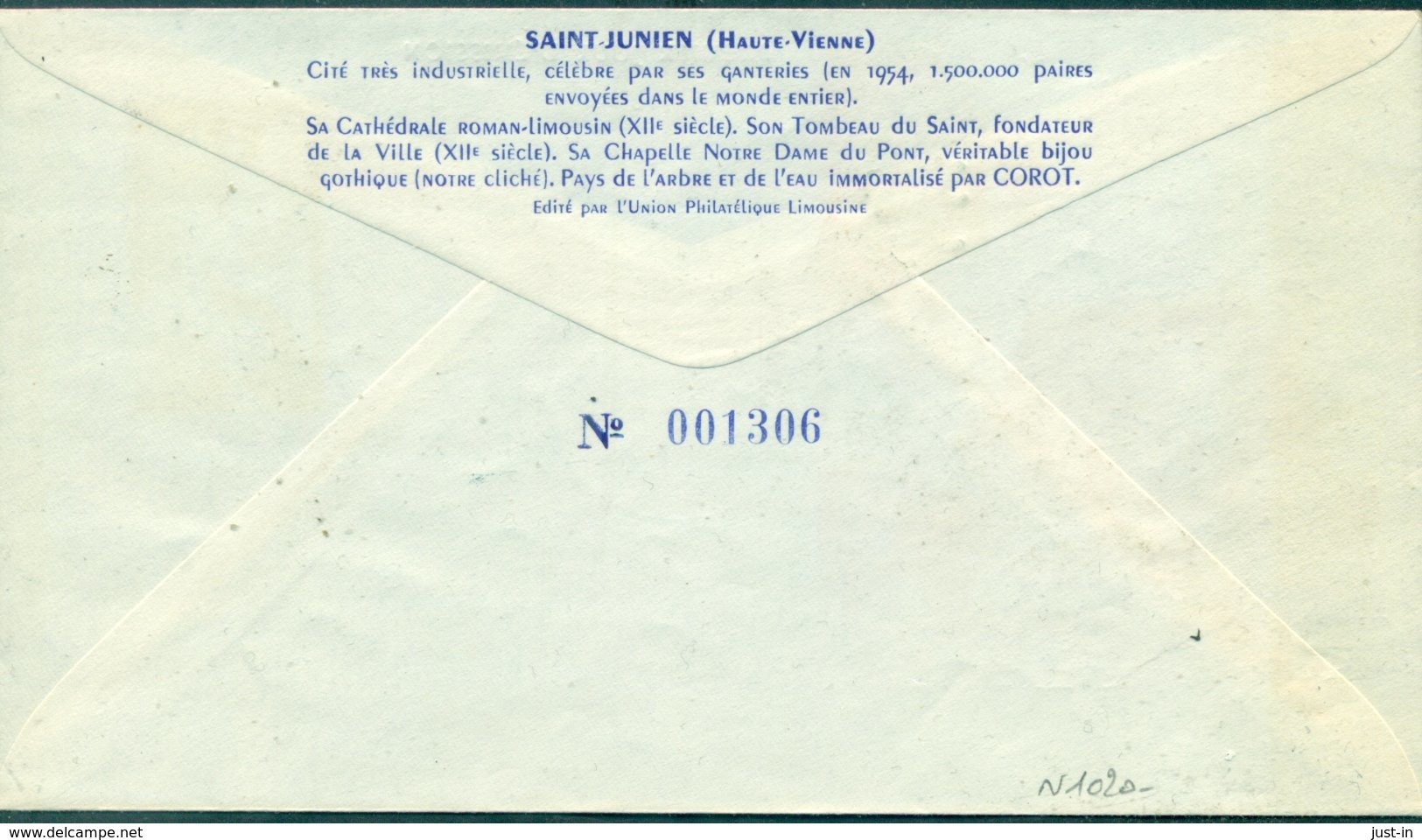 FRANCE N°1020 GANTERIE Fdc Thème Pont St Junien 1955 TB Tirage Numéroté . - 1950-1959